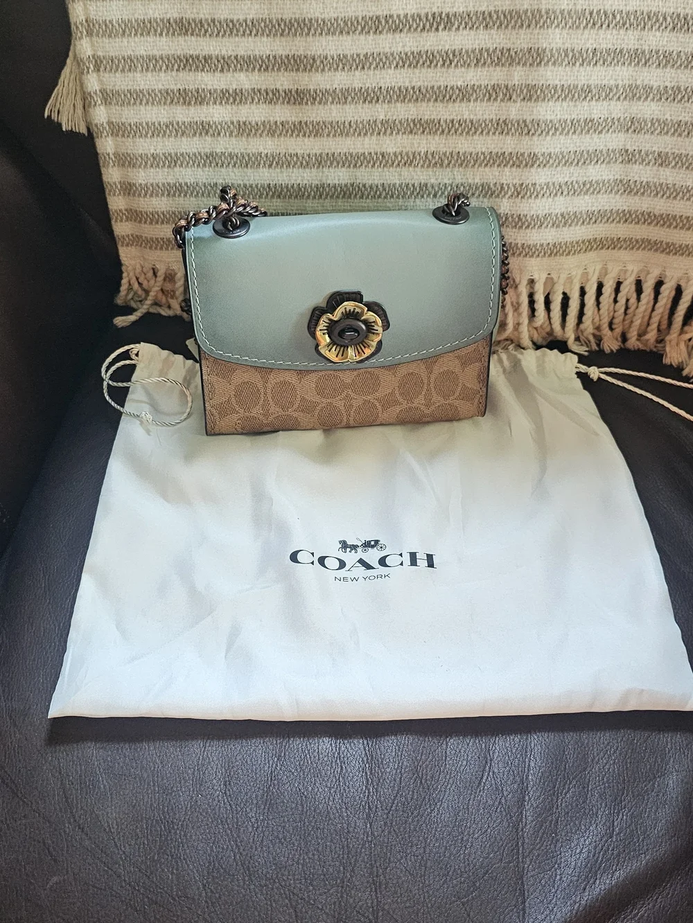 Coach Blue Leather Flap Signature Canvas Crossbody with Floral Turnlock